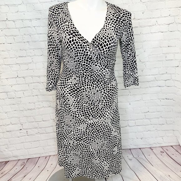 TALBOTS FAUX WRAP BLACK & WHITE PRINT DRESS - SZ 8 - Picture 1 of 4